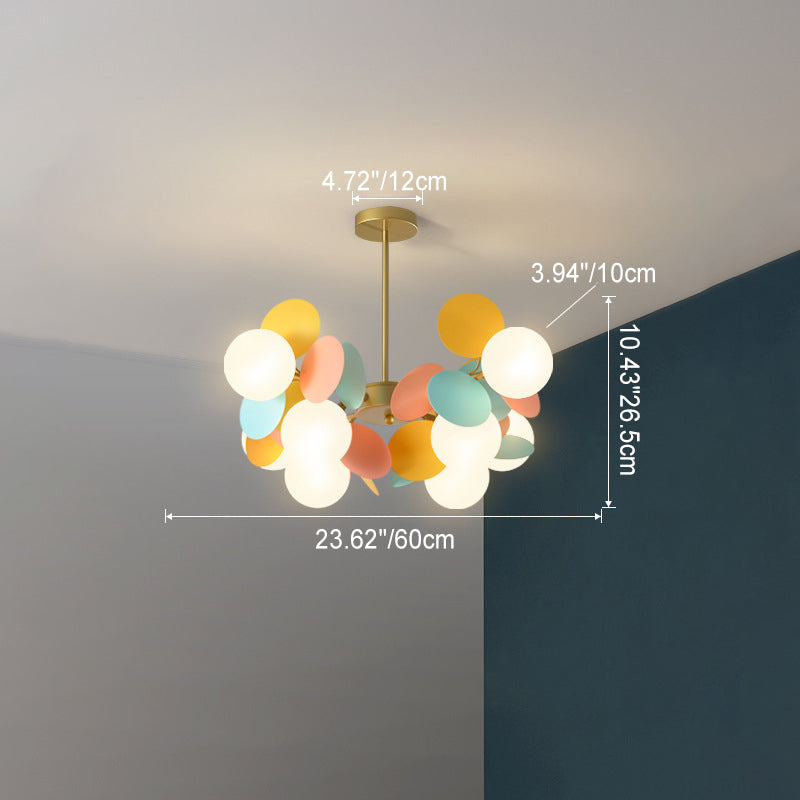 Zeitgenössischer nordischer Kronleuchter aus Metall, Acryl, bunt, Blumenzweig, runde Glaskugel, 5/6/8/10/12/15 Lichter für Wohnzimmer 