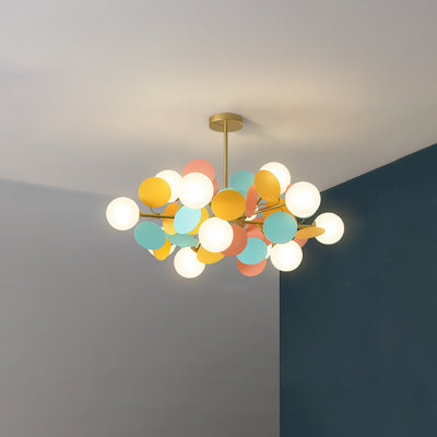 Zeitgenössischer nordischer Kronleuchter aus Metall, Acryl, bunt, Blumenzweig, runde Glaskugel, 5/6/8/10/12/15 Lichter für Wohnzimmer 