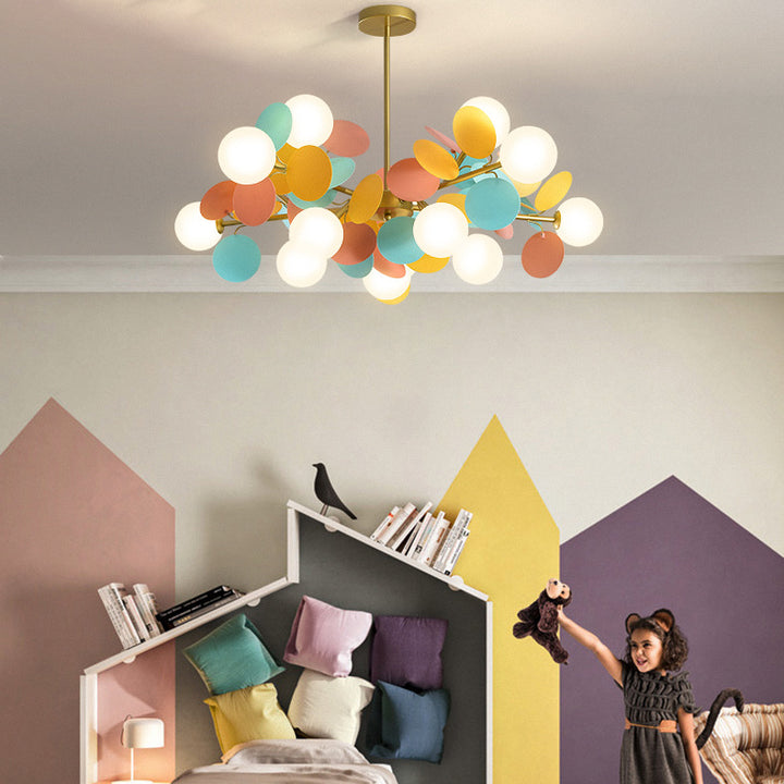Zeitgenössischer nordischer Kronleuchter aus Metall, Acryl, bunt, Blumenzweig, runde Glaskugel, 5/6/8/10/12/15 Lichter für Wohnzimmer 