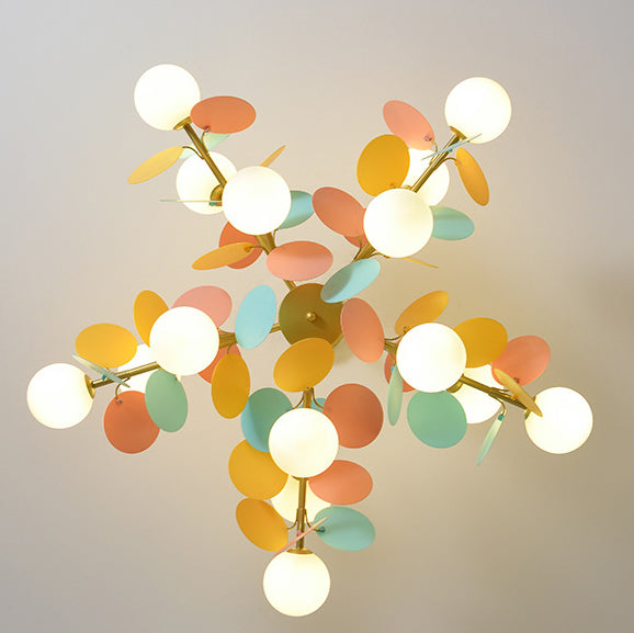 Zeitgenössischer nordischer Kronleuchter aus Metall, Acryl, bunt, Blumenzweig, runde Glaskugel, 5/6/8/10/12/15 Lichter für Wohnzimmer 