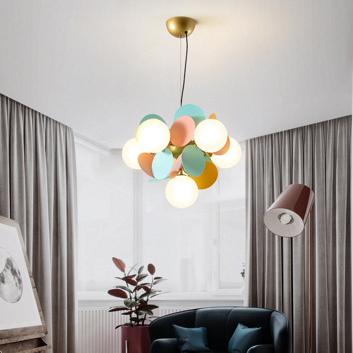 Zeitgenössischer nordischer Kronleuchter aus Metall, Acryl, bunt, Blumenzweig, runde Glaskugel, 5/6/8/10/12/15 Lichter für Wohnzimmer 