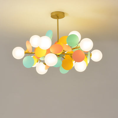 Zeitgenössischer nordischer Kronleuchter aus Metall, Acryl, bunt, Blumenzweig, runde Glaskugel, 5/6/8/10/12/15 Lichter für Wohnzimmer 