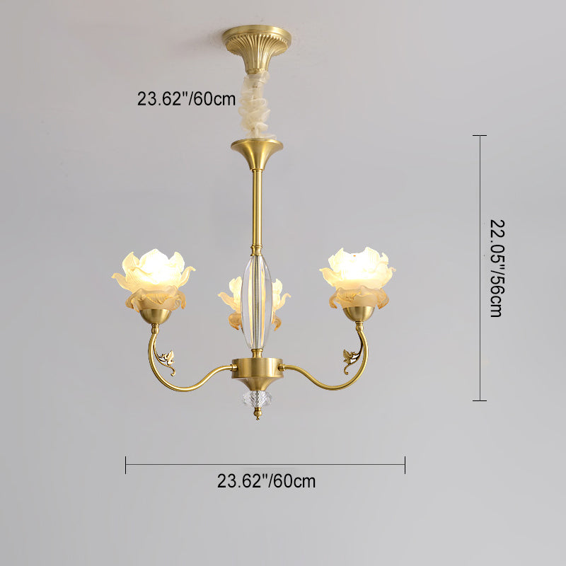 Traditional French Flower Branch Copper Glass Crystal 3/6/8-Light Chandeliers For Living Room