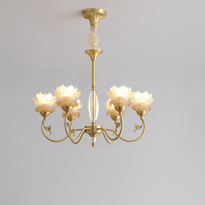 Traditional French Flower Branch Copper Glass Crystal 3/6/8-Light Chandeliers For Living Room