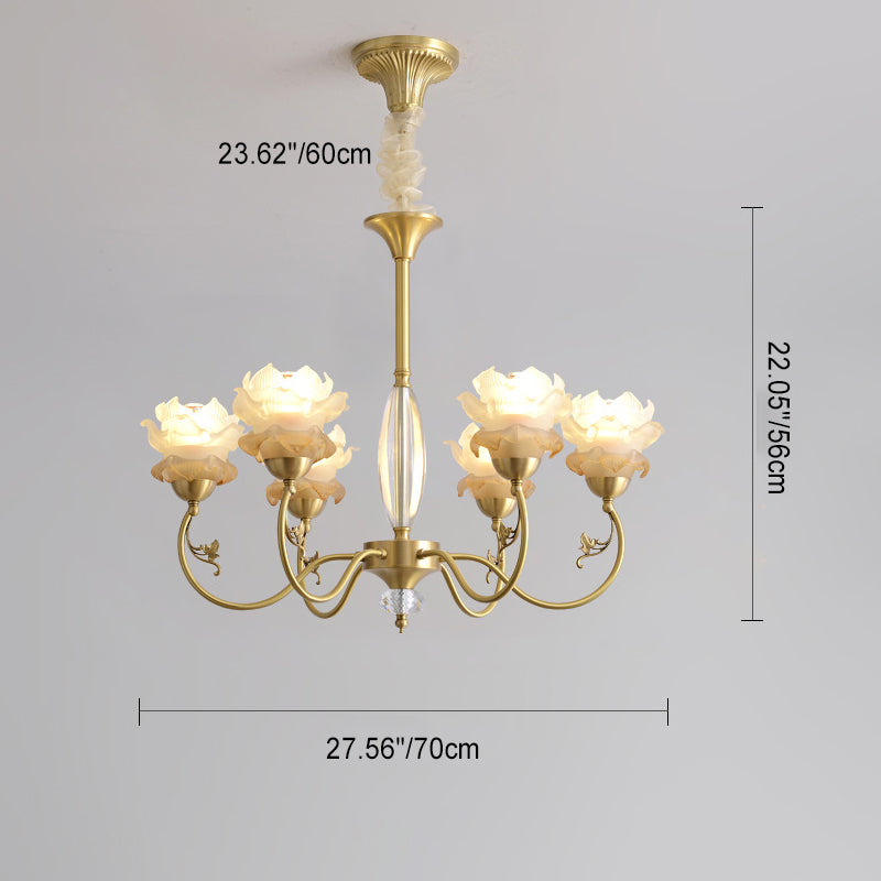 Traditional French Flower Branch Copper Glass Crystal 3/6/8-Light Chandeliers For Living Room