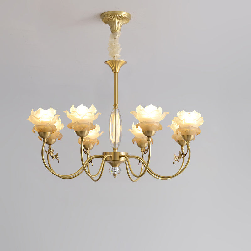 Traditional French Flower Branch Copper Glass Crystal 3/6/8-Light Chandeliers For Living Room