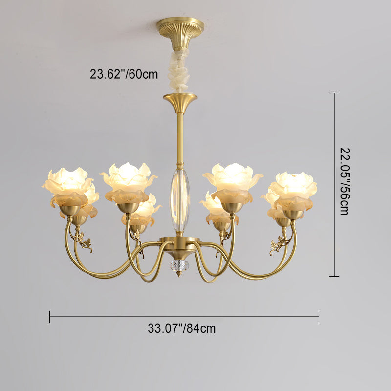 Traditional French Flower Branch Copper Glass Crystal 3/6/8-Light Chandeliers For Living Room