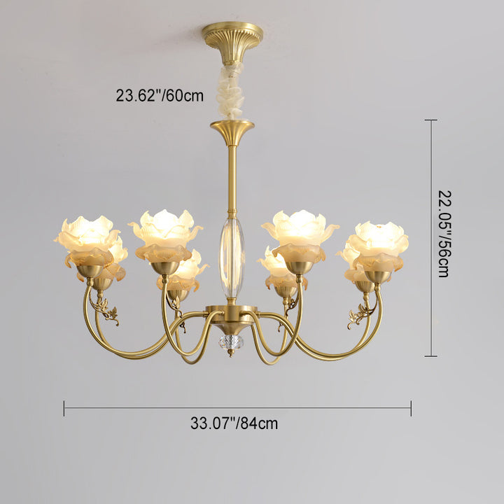 Traditional French Flower Branch Copper Glass Crystal 3/6/8-Light Chandeliers For Living Room