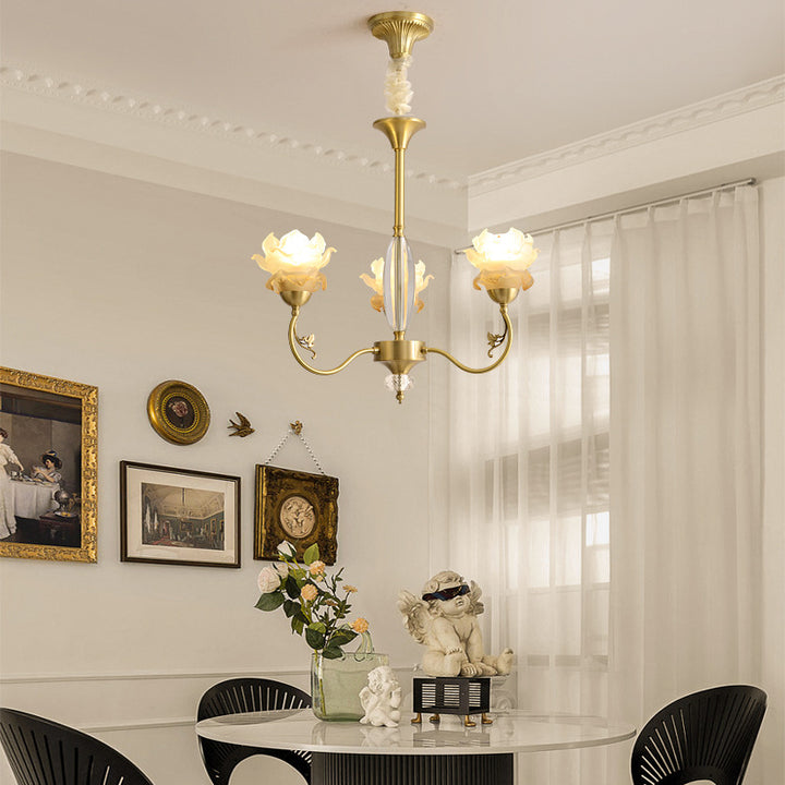 Traditional French Flower Branch Copper Glass Crystal 3/6/8-Light Chandeliers For Living Room
