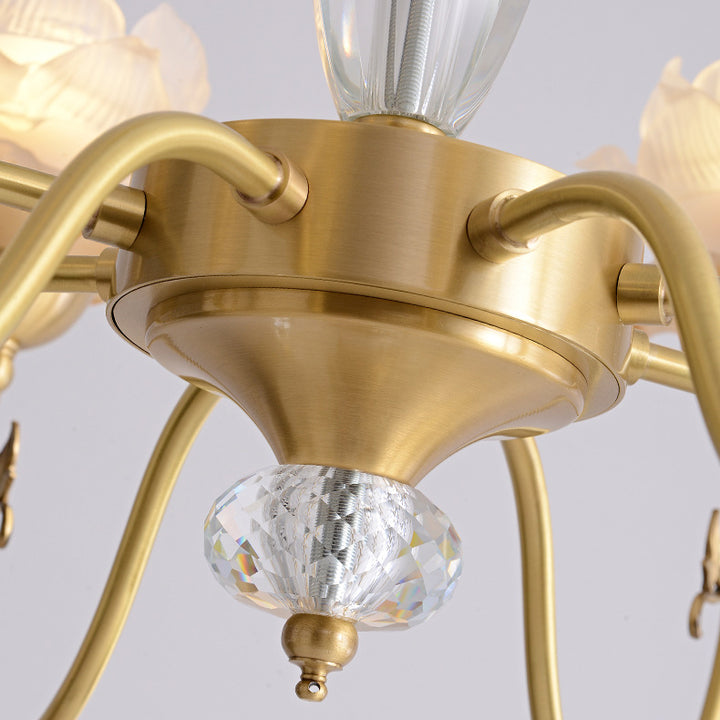 Traditional French Flower Branch Copper Glass Crystal 3/6/8-Light Chandeliers For Living Room
