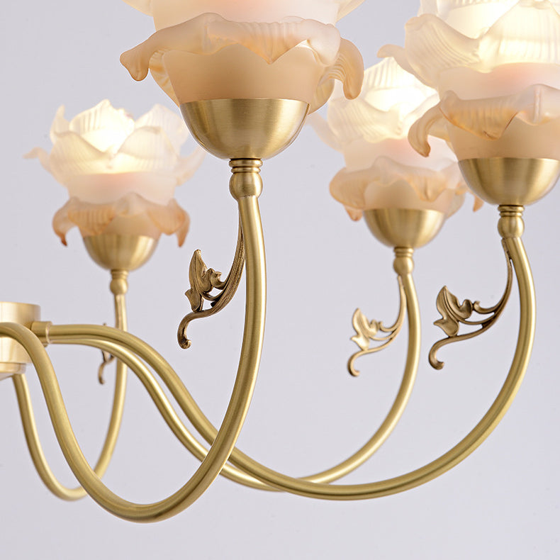Traditional French Flower Branch Copper Glass Crystal 3/6/8-Light Chandeliers For Living Room