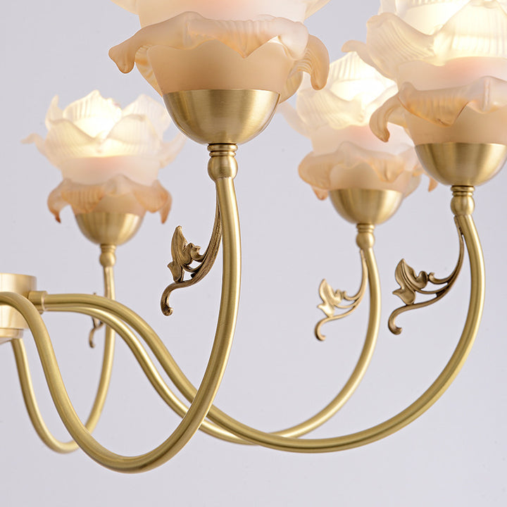 Traditional French Flower Branch Copper Glass Crystal 3/6/8-Light Chandeliers For Living Room