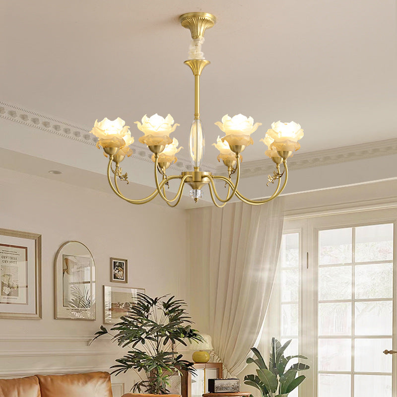 Traditional French Flower Branch Copper Glass Crystal 3/6/8-Light Chandeliers For Living Room