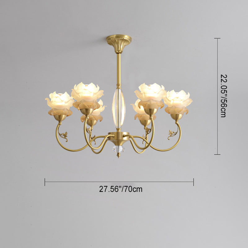 Traditional French Flower Branch Copper Glass Crystal 3/6/8-Light Chandeliers For Living Room