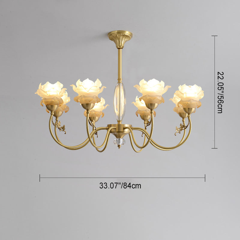 Traditional French Flower Branch Copper Glass Crystal 3/6/8-Light Chandeliers For Living Room