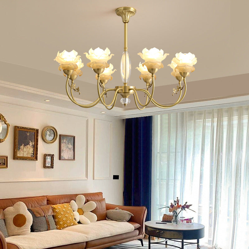 Traditional French Flower Branch Copper Glass Crystal 3/6/8-Light Chandeliers For Living Room
