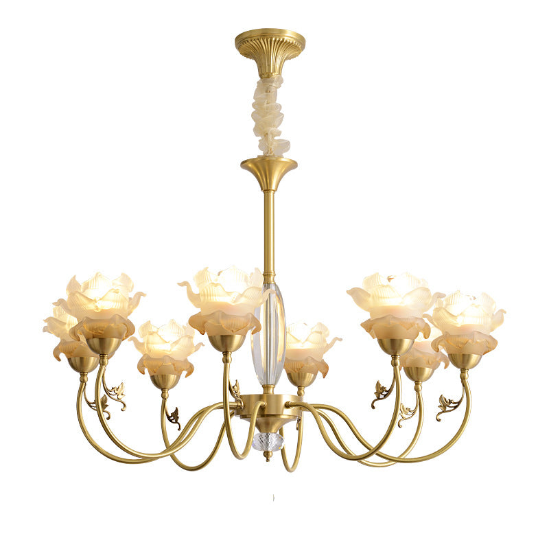 Traditional French Flower Branch Copper Glass Crystal 3/6/8-Light Chandeliers For Living Room