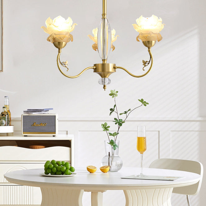 Traditional French Flower Branch Copper Glass Crystal 3/6/8-Light Chandeliers For Living Room