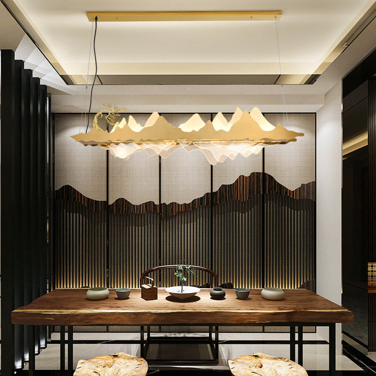 Traditionelle Chinesische Landschaft Eisen Acryl LED Insel Licht Kronleuchter Für Wohnzimmer 