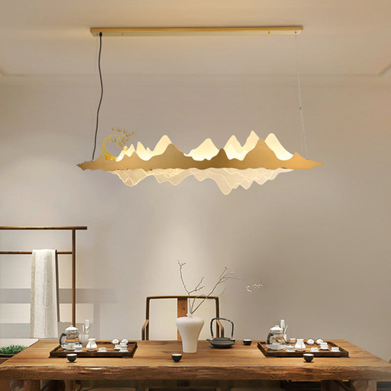 Traditionelle Chinesische Landschaft Eisen Acryl LED Insel Licht Kronleuchter Für Wohnzimmer 