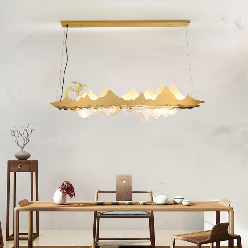Traditionelle Chinesische Landschaft Eisen Acryl LED Insel Licht Kronleuchter Für Wohnzimmer 