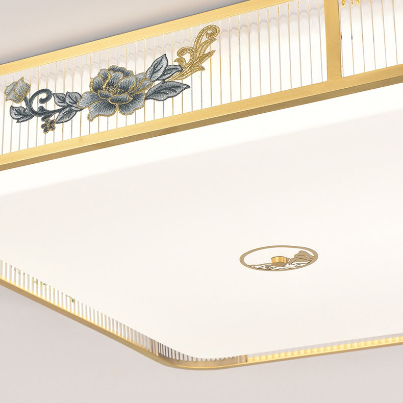 Lustre de plafond LED encastré en acrylique avec matériel rond carré traditionnel chinois et motif de pivoine pour chambre 