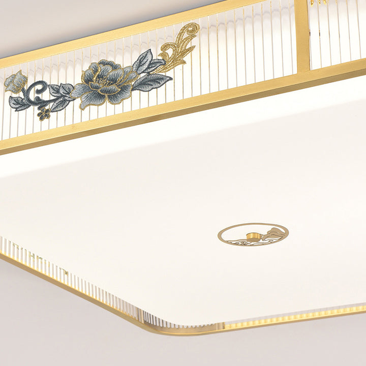 Lustre de plafond LED encastré en acrylique avec matériel rond carré traditionnel chinois et motif de pivoine pour chambre 
