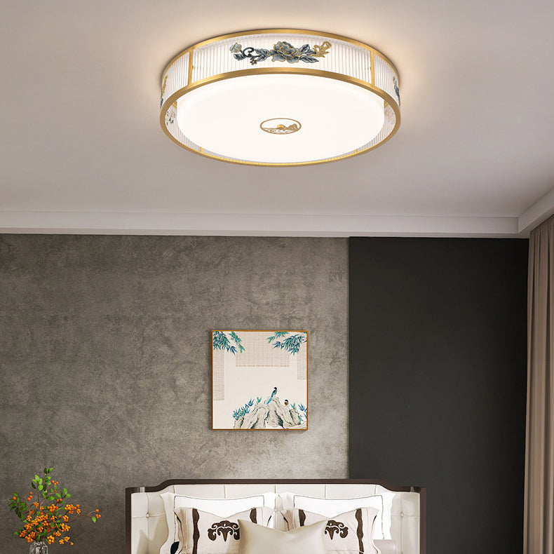 Lustre de plafond LED encastré en acrylique avec matériel rond carré traditionnel chinois et motif de pivoine pour chambre 