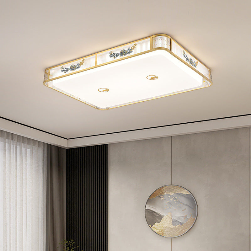 Lustre de plafond LED encastré en acrylique avec matériel rond carré traditionnel chinois et motif de pivoine pour chambre 