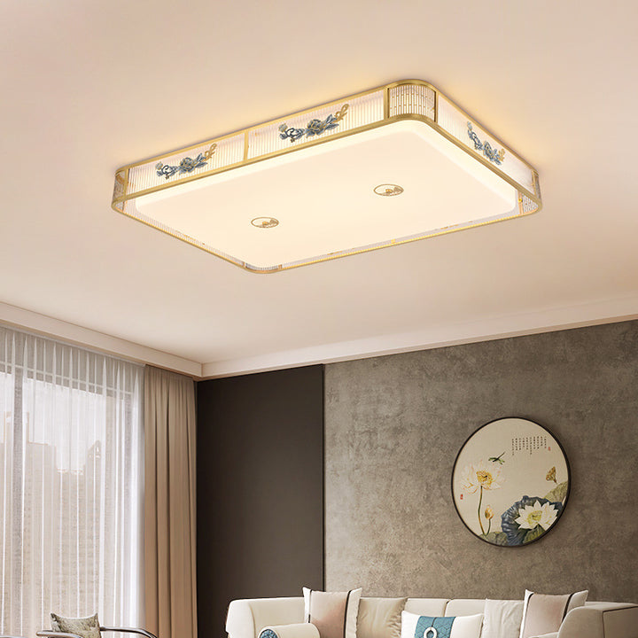 Lustre de plafond LED encastré en acrylique avec matériel rond carré traditionnel chinois et motif de pivoine pour chambre 
