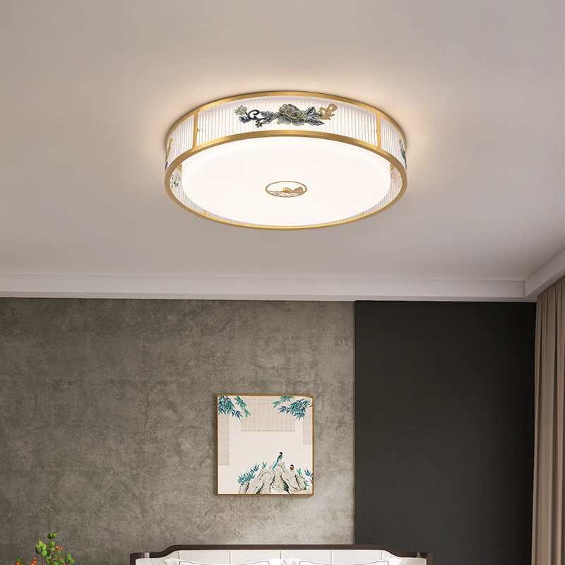 Lustre de plafond LED encastré en acrylique avec matériel rond carré traditionnel chinois et motif de pivoine pour chambre 