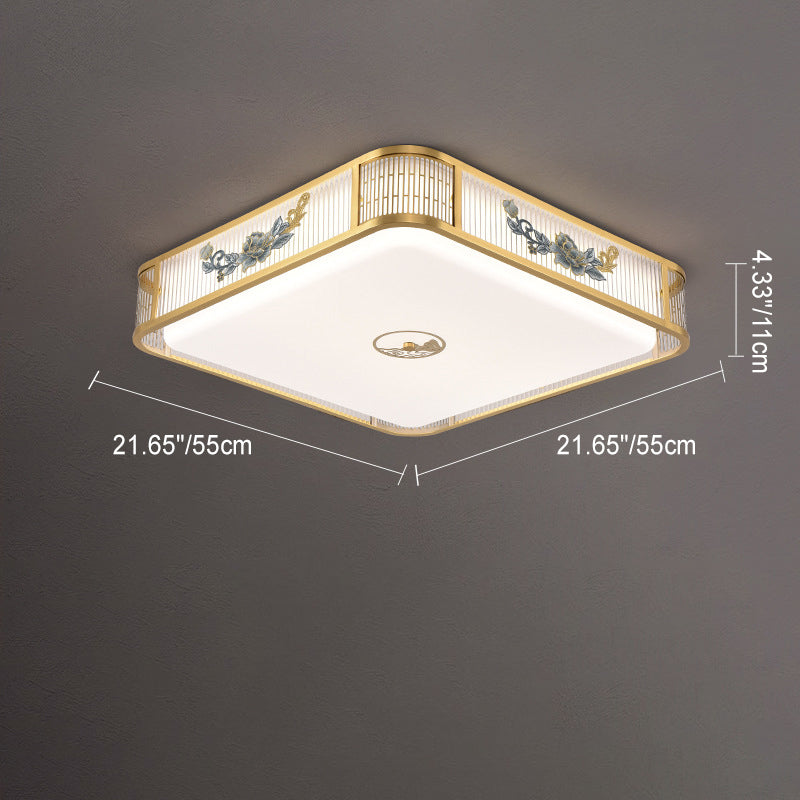 Lustre de plafond LED encastré en acrylique avec matériel rond carré traditionnel chinois et motif de pivoine pour chambre 