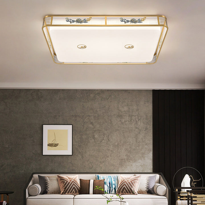 Lustre de plafond LED encastré en acrylique avec matériel rond carré traditionnel chinois et motif de pivoine pour chambre 