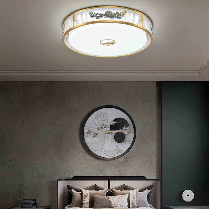 Lustre de plafond LED encastré en acrylique avec matériel rond carré traditionnel chinois et motif de pivoine pour chambre 