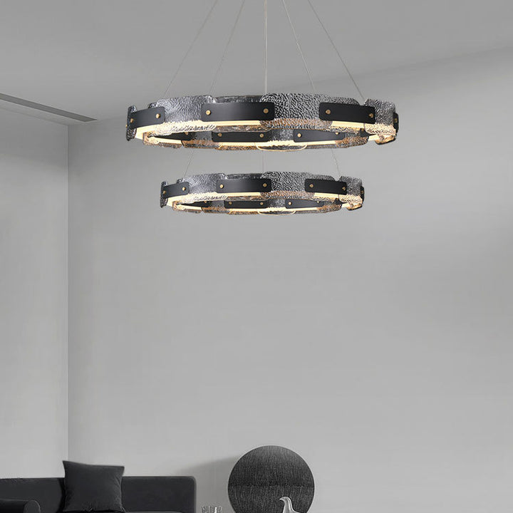 Zeitgenössische Industrie Dazzle Circles Tier Aluminium Kupfer Glas LED Kronleuchter für Wohnzimmer 