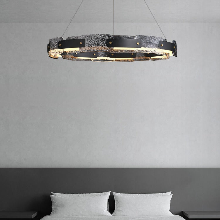 Lustre LED en aluminium, cuivre et verre à cercles contemporains pour salon 