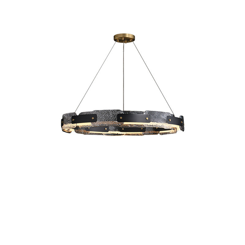 Zeitgenössische Industrie Dazzle Circles Tier Aluminium Kupfer Glas LED Kronleuchter für Wohnzimmer 