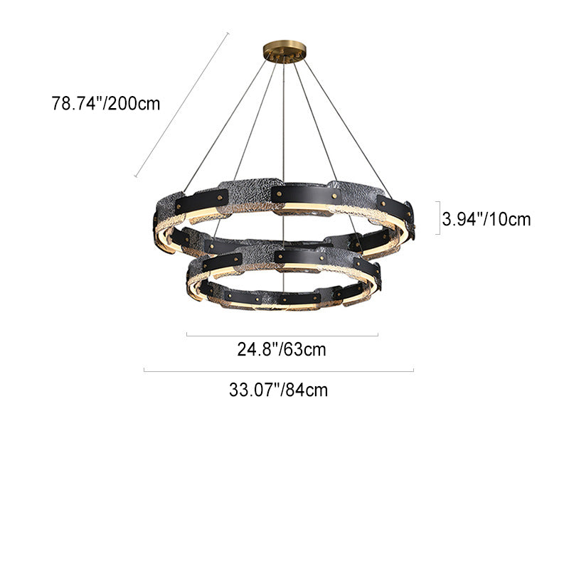 Zeitgenössische Industrie Dazzle Circles Tier Aluminium Kupfer Glas LED Kronleuchter für Wohnzimmer 