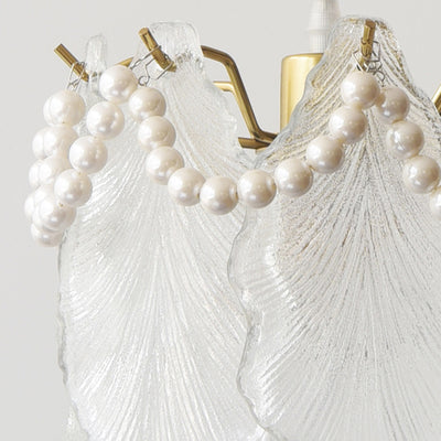 Lustre suspendu contemporain de luxe à une lumière en verre de fer avec feuille côtelée et perle pour salon 
