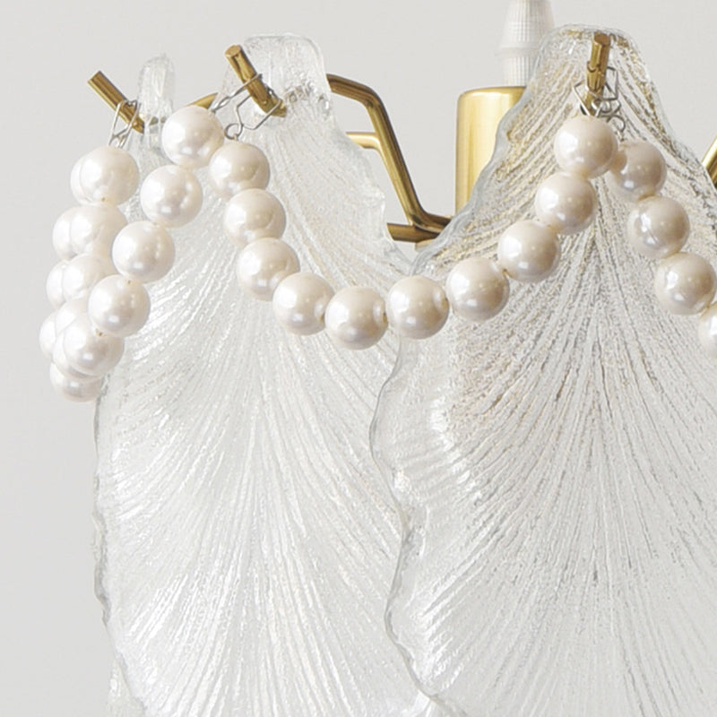 Lustre suspendu contemporain de luxe à une lumière en verre de fer avec feuille côtelée et perle pour salon 
