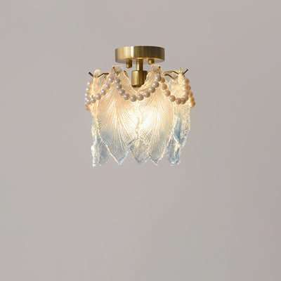 Lustre contemporain en fer avec feuille nervurée de luxe et perle en verre à 1 lumière semi-encastrée pour salon 