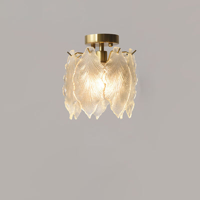 Lustre contemporain en fer avec feuille nervurée de luxe et perle en verre à 1 lumière semi-encastrée pour salon 