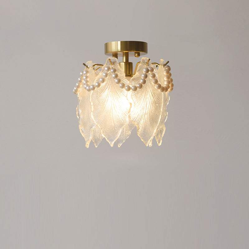 Lustre contemporain en fer avec feuille nervurée de luxe et perle en verre à 1 lumière semi-encastrée pour salon 