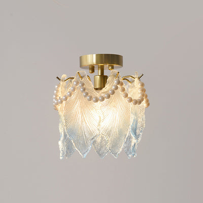 Lustre contemporain en fer avec feuille nervurée de luxe et perle en verre à 1 lumière semi-encastrée pour salon 