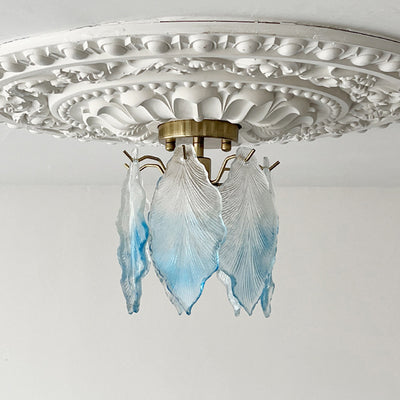 Lustre contemporain en fer avec feuille nervurée de luxe et perle en verre à 1 lumière semi-encastrée pour salon 