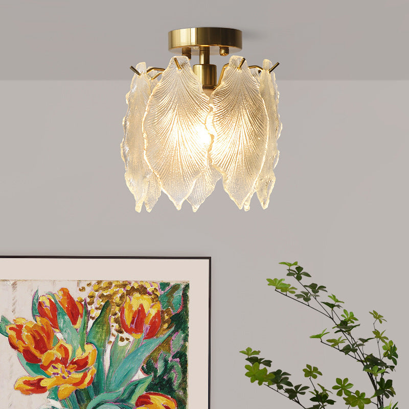 Lustre contemporain en fer avec feuille nervurée de luxe et perle en verre à 1 lumière semi-encastrée pour salon 
