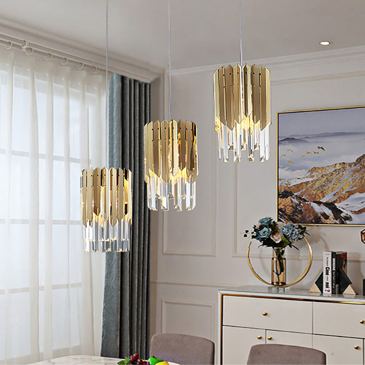 Lujoso moderno prismas de cristal cilíndricos acero inoxidable colgante de 1 luz para comedor 