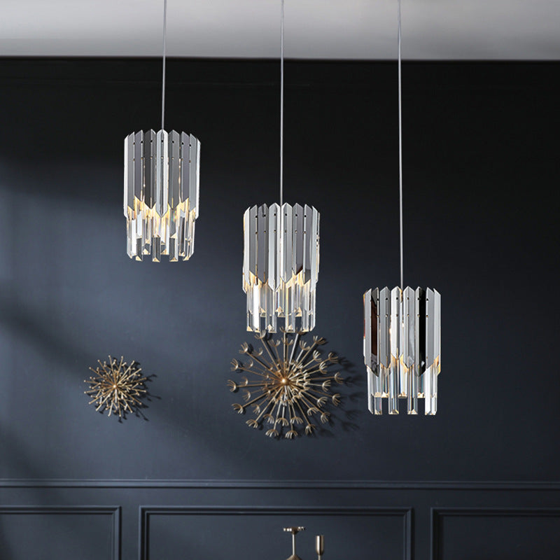 Lujoso moderno prismas de cristal cilíndricos acero inoxidable colgante de 1 luz para comedor 