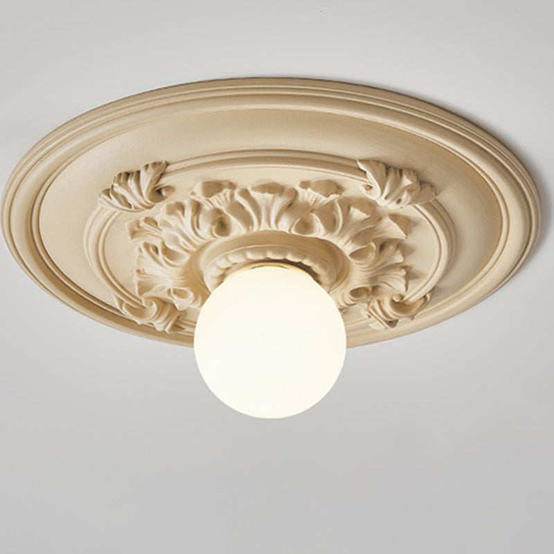 Traditional French Handmade Round Relief Resin Glass 1-Light Flush Mount Ceiling Light For Hallway