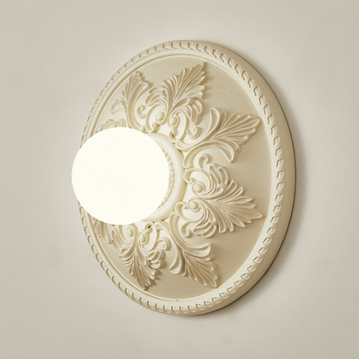 Traditional French Round Carved Resin Glass 1-Light Wall Sconce Lamp For Living Room